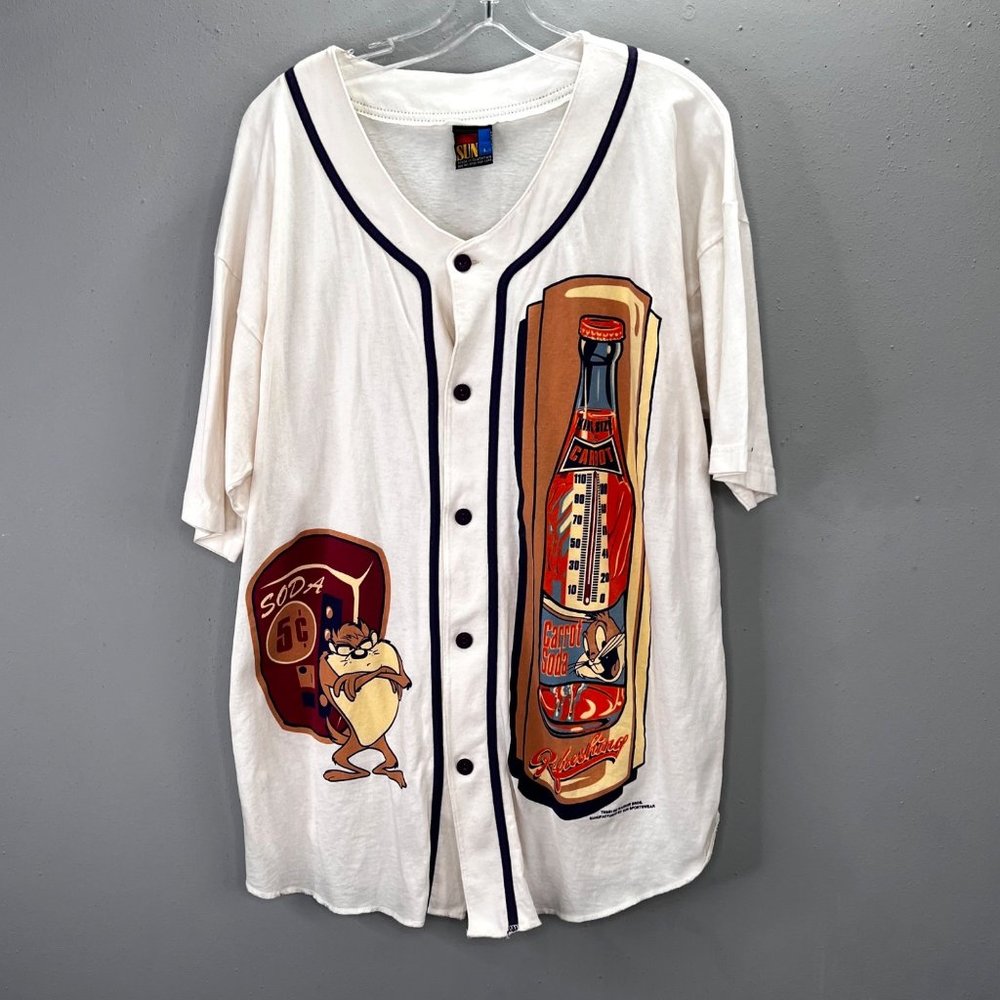 Vintage 1995 Warner Bros Looney Tunes Baseball Shirt L Taz Bugs Bunny Soda Men